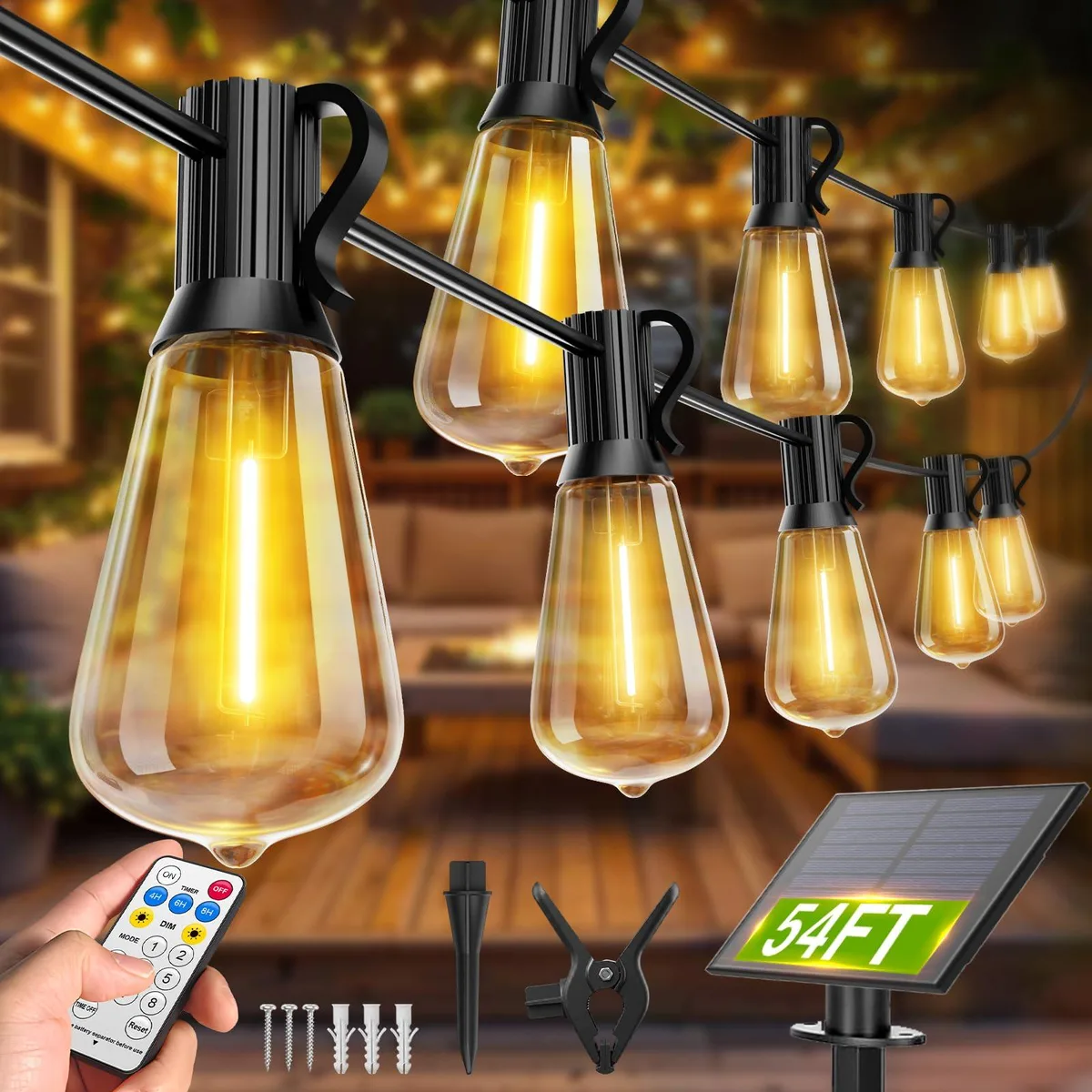 Black wire solar string lights with 16 red LED bulbs and solar panel