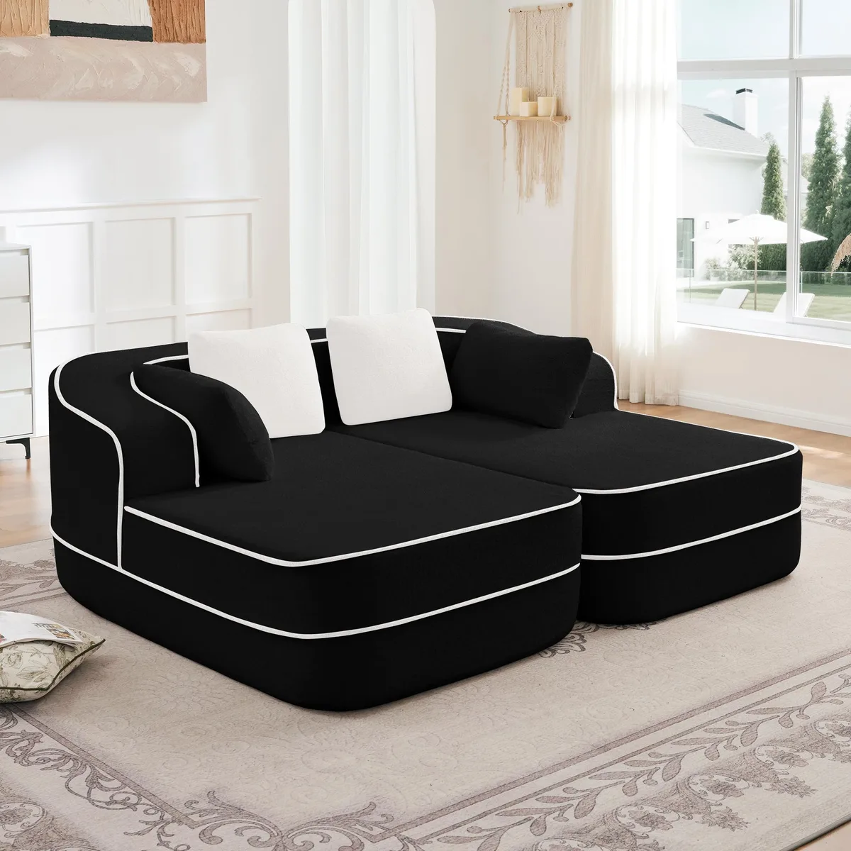 Black teddy fabric modular sofa with double chaises, curved armrests, no assembly needed