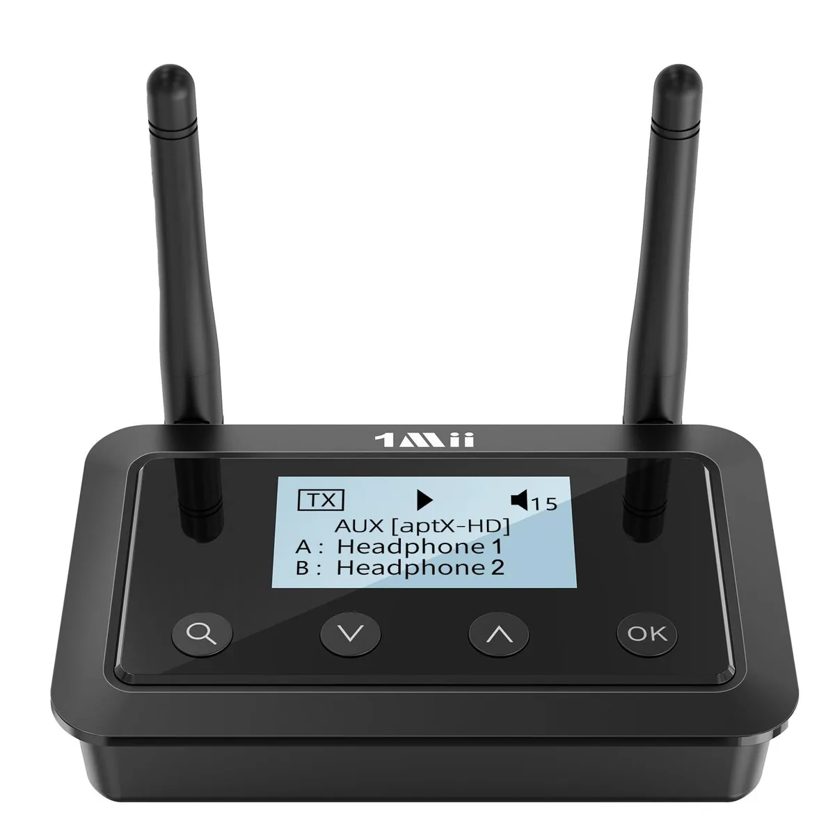 Compact rectangular Bluetooth 5.3 adapter with LCD screen, matte black finish, optical RCA and 3.5mm ports