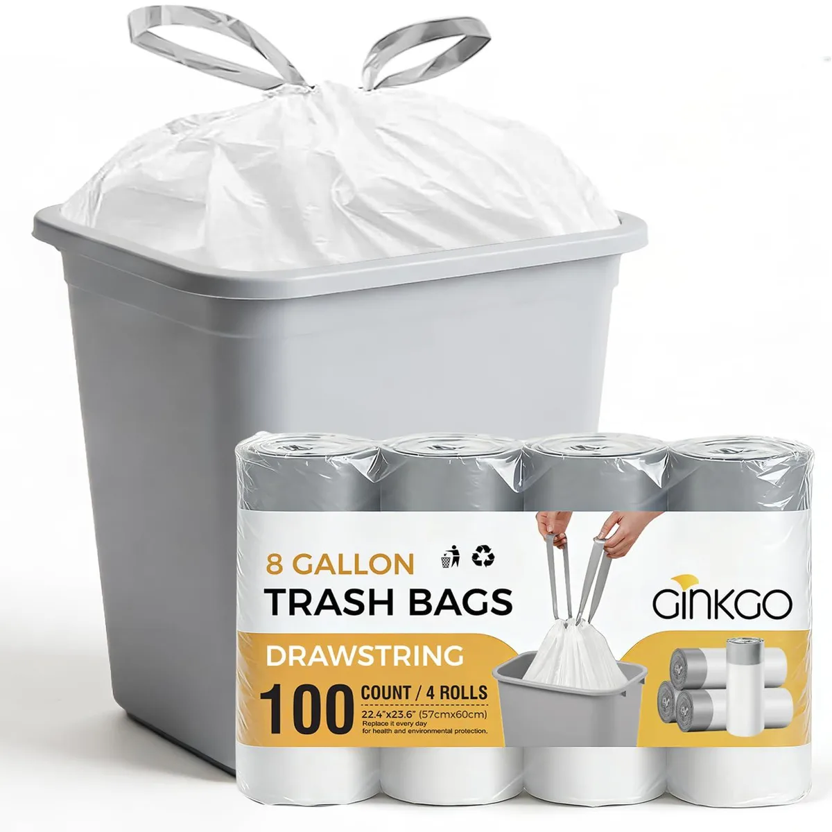  Ginkgo 8 Gallon Drawstring Trash Bags Pack of 100 — product photo