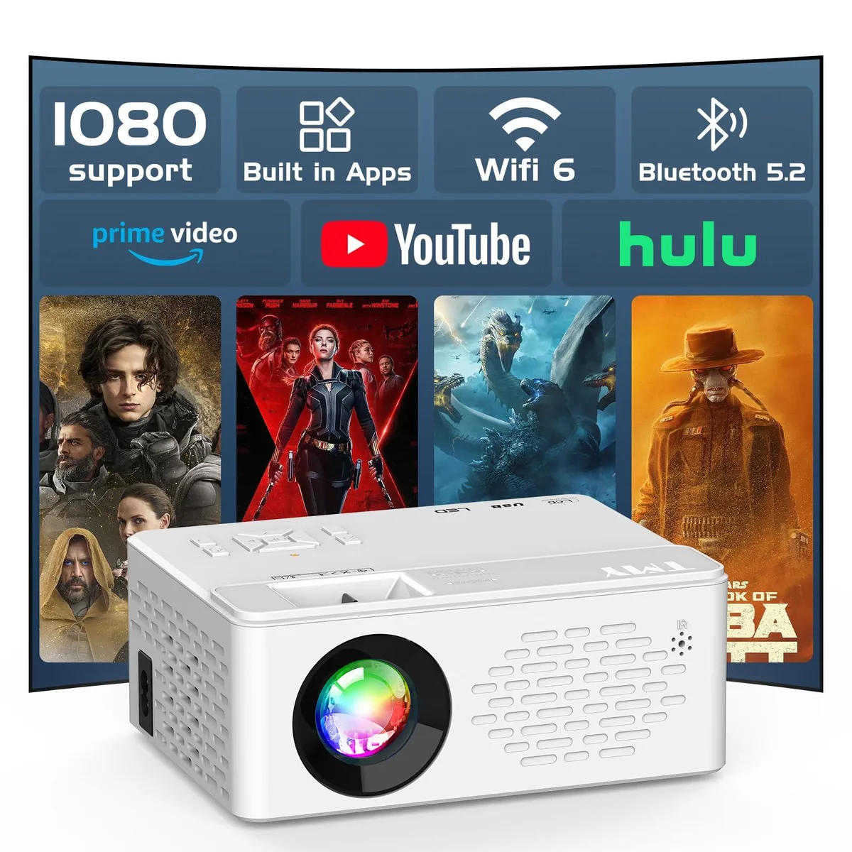 Compact white DLP projector with built-in DVD player and Wi-Fi 6