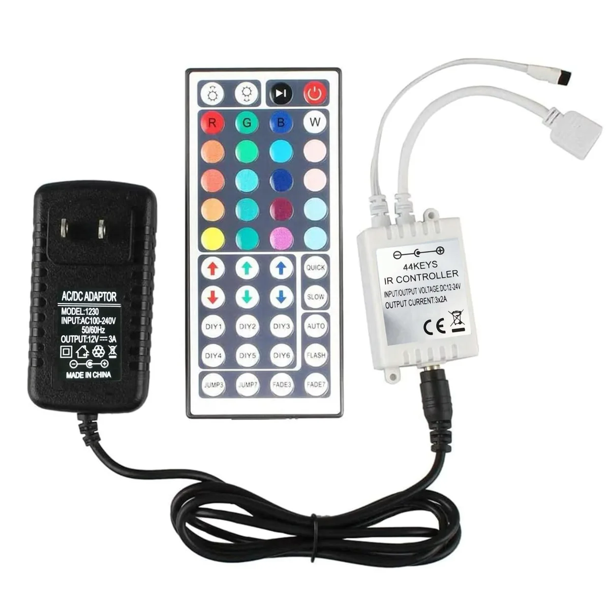 White 44-key RGB LED controller kit with power supply and remote