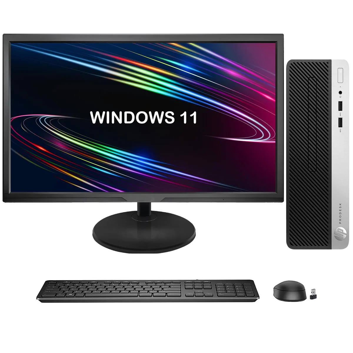 HP HP ProDesk 400 G5 SFF desktop PC i3-8100 16GB 512GB 22" monitor — product photo