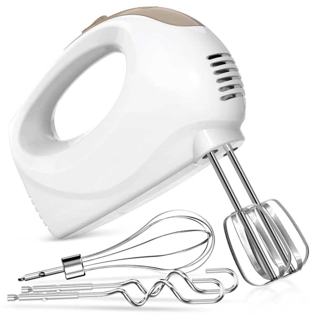 White handheld electric mixer with stainless steel beaters and whisk attachments