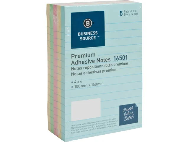 Business Source Business Source 16501 sticky note 100 sheets 5 pack ruled pastel — product photo