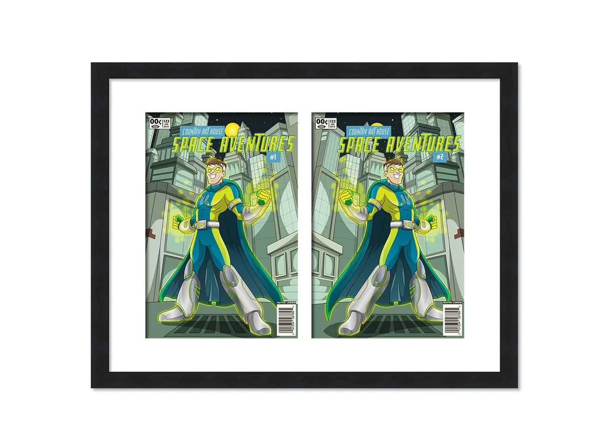 Black wooden frame with white mat, two comic openings, UV acrylic front, 19.5 by 15.5 inches