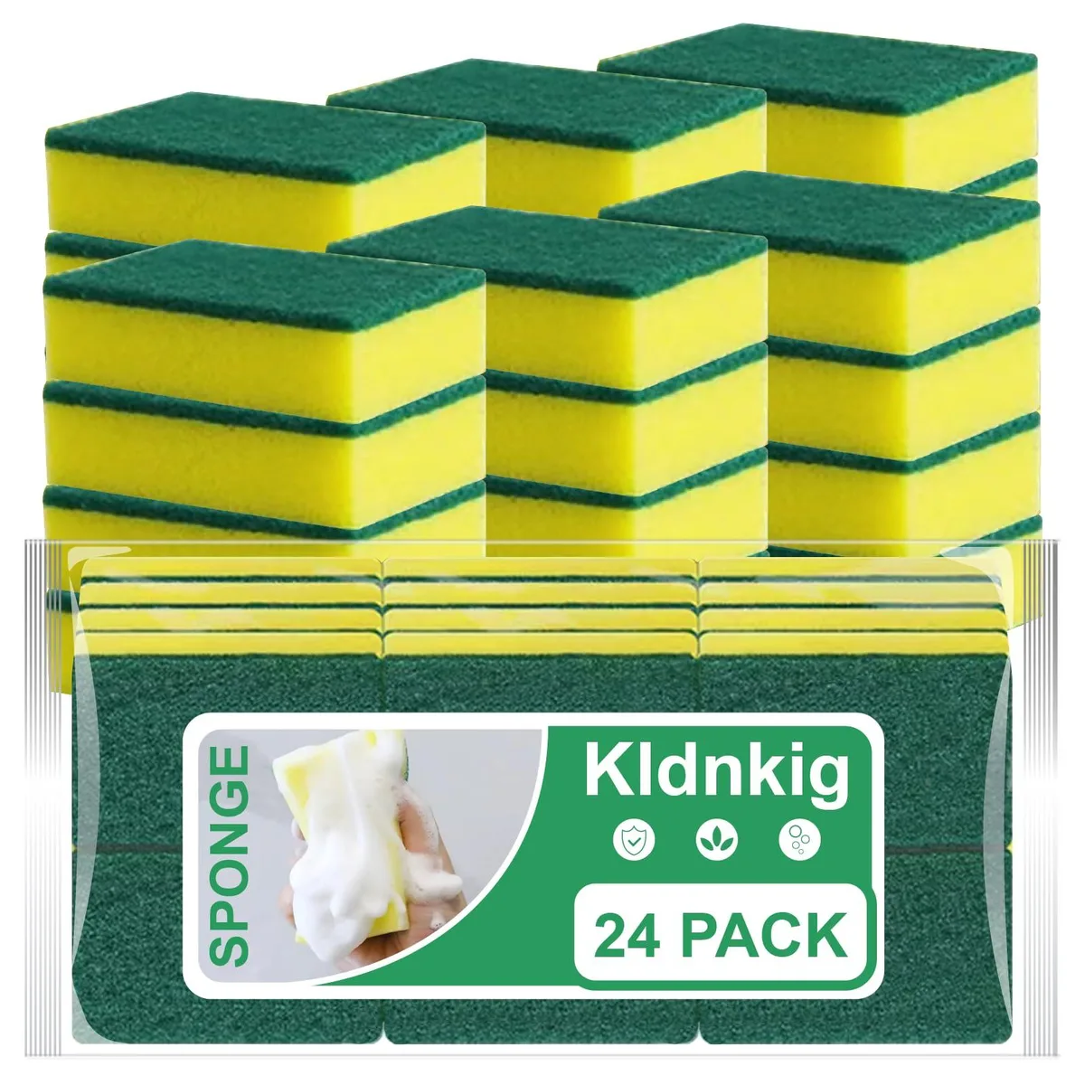 Twenty-four yellow and green dual-sided sponges in a pack