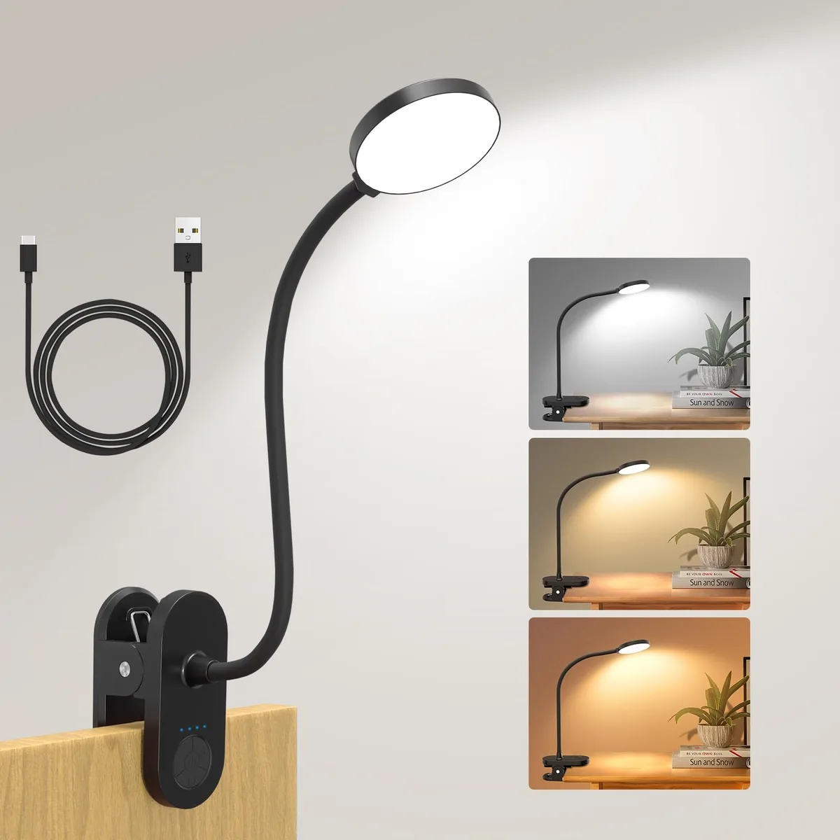 Black clip-on book light with 61 LEDs, 15.8-inch flexible gooseneck, USB-C charging port, and 2000mAh battery