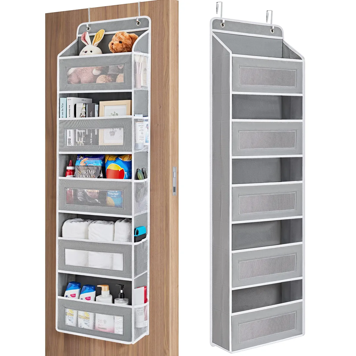 Black fabric over-door organiser with five deep front pockets and mesh side pockets, rectangular brushed finish