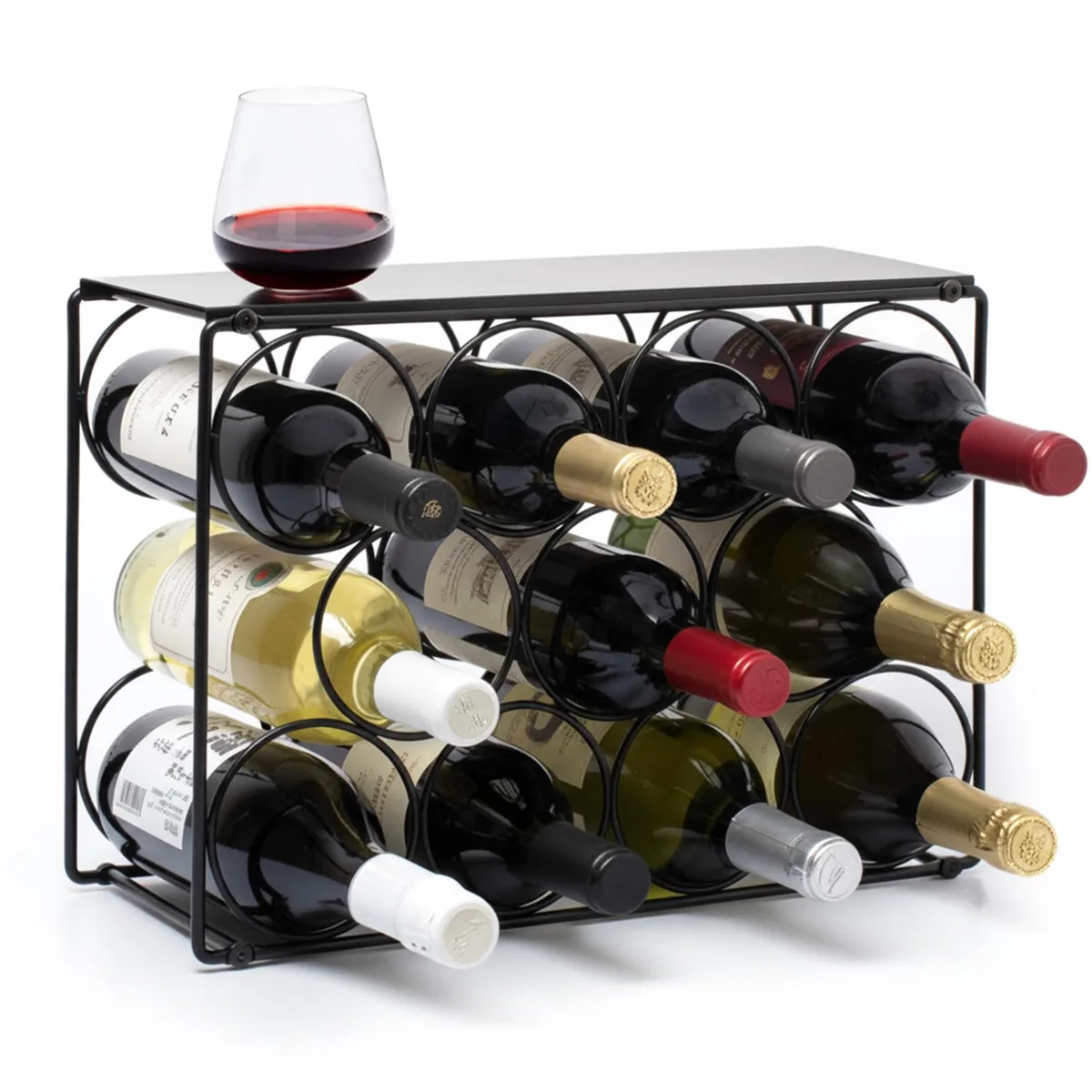 Black powder-coated metal geometric wine rack holding 11 bottles on countertop