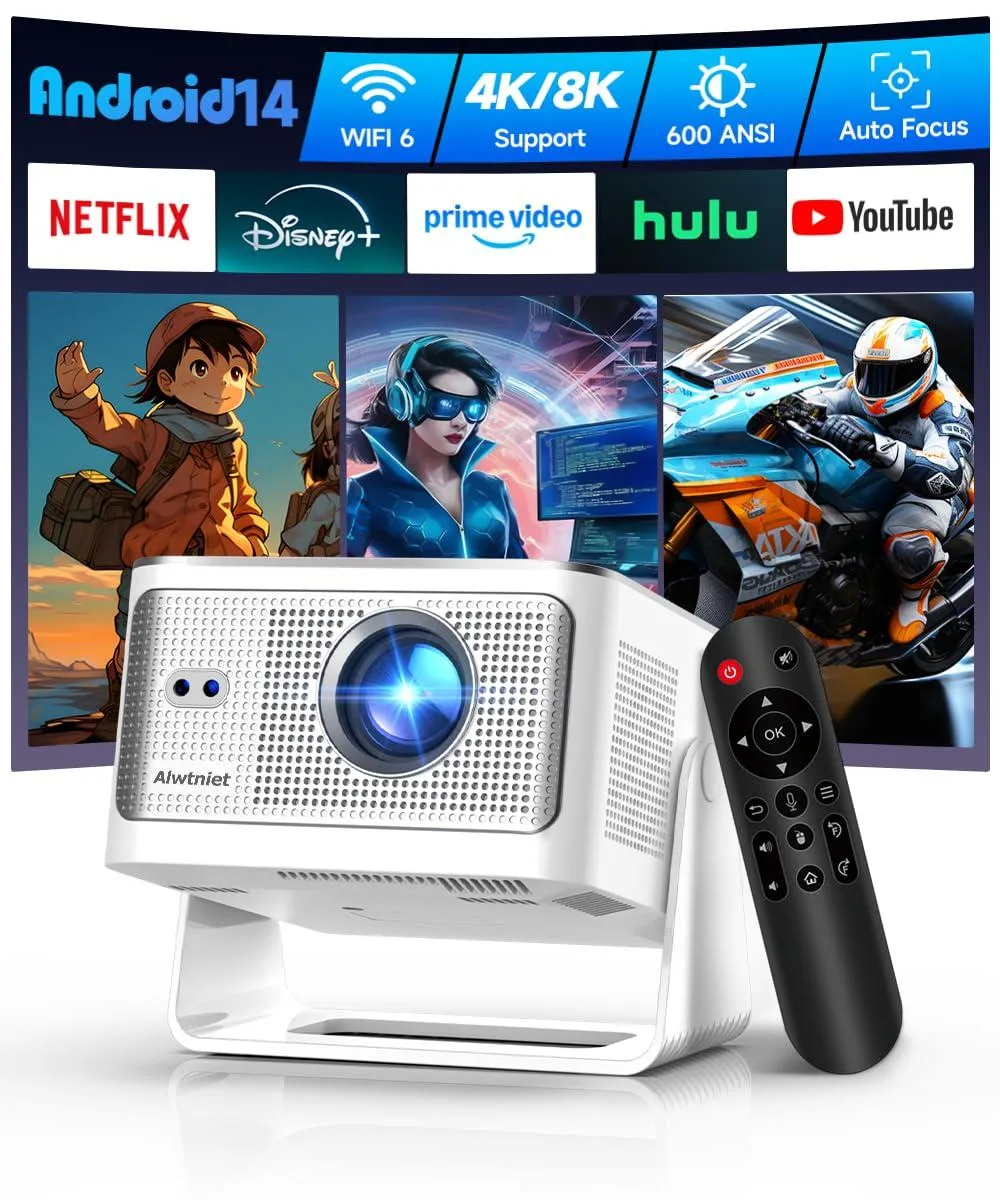 White rectangular DLP projector with auto-focus lens and remote control