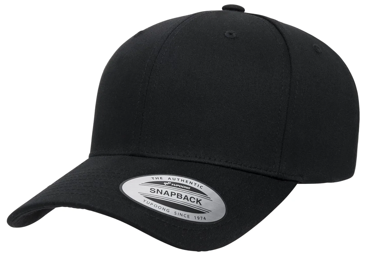 Black six-panel structured baseball cap with curved visor and plastic snapback closure