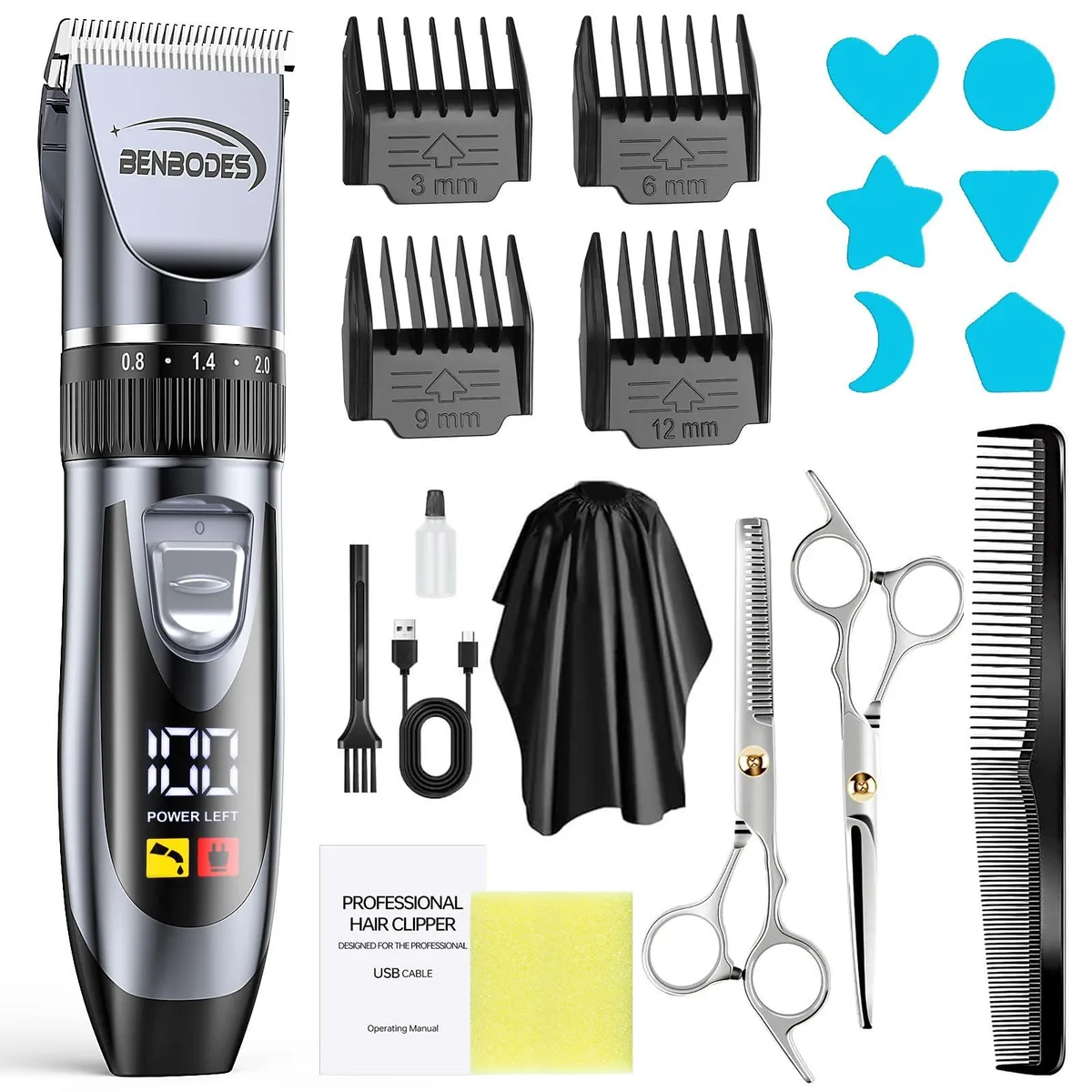 Black cordless hair clipper with LED display and ceramic blade, plus combs and scissors