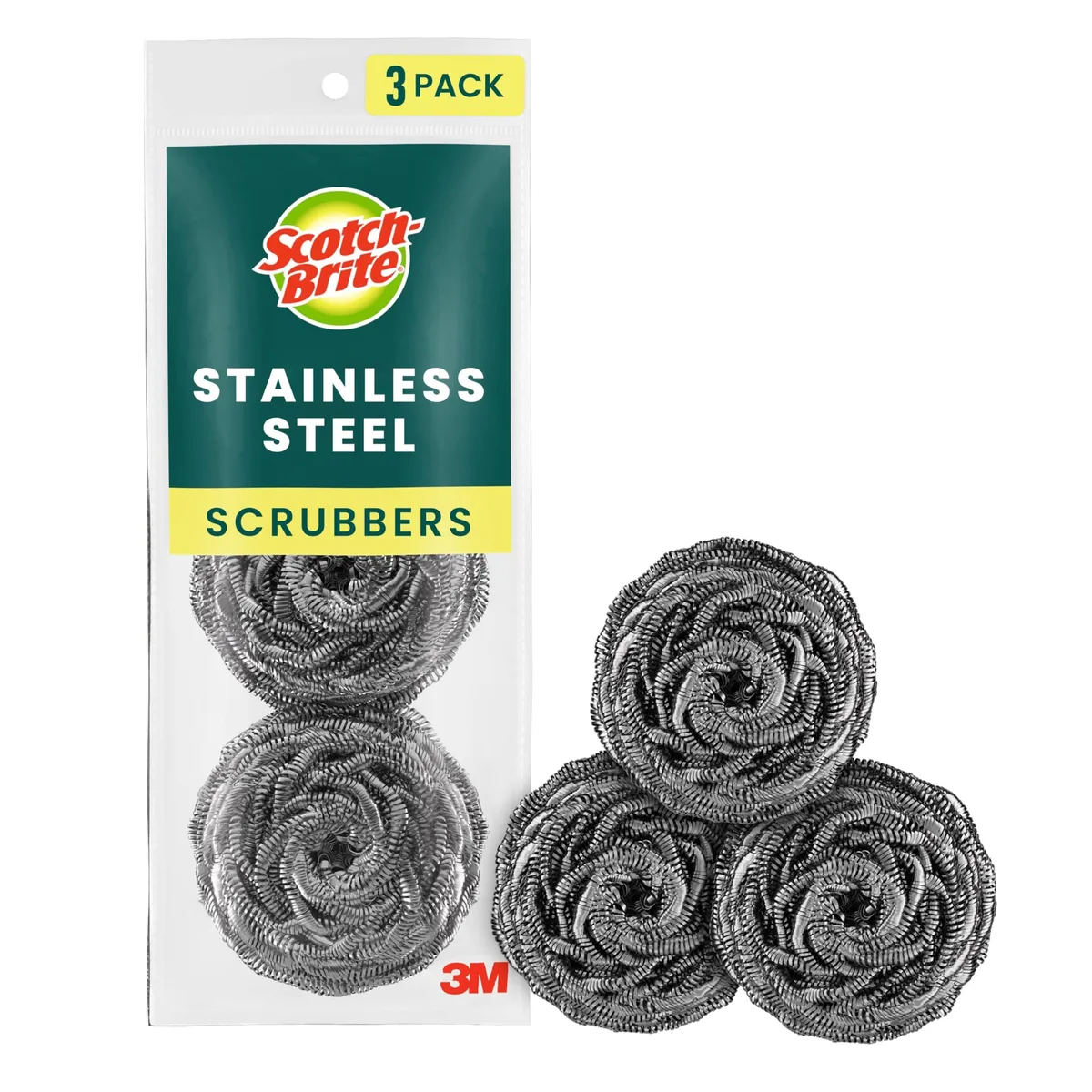Three stainless steel scrubbers in rectangular packaging, coiled metallic mesh pads with silver finish
