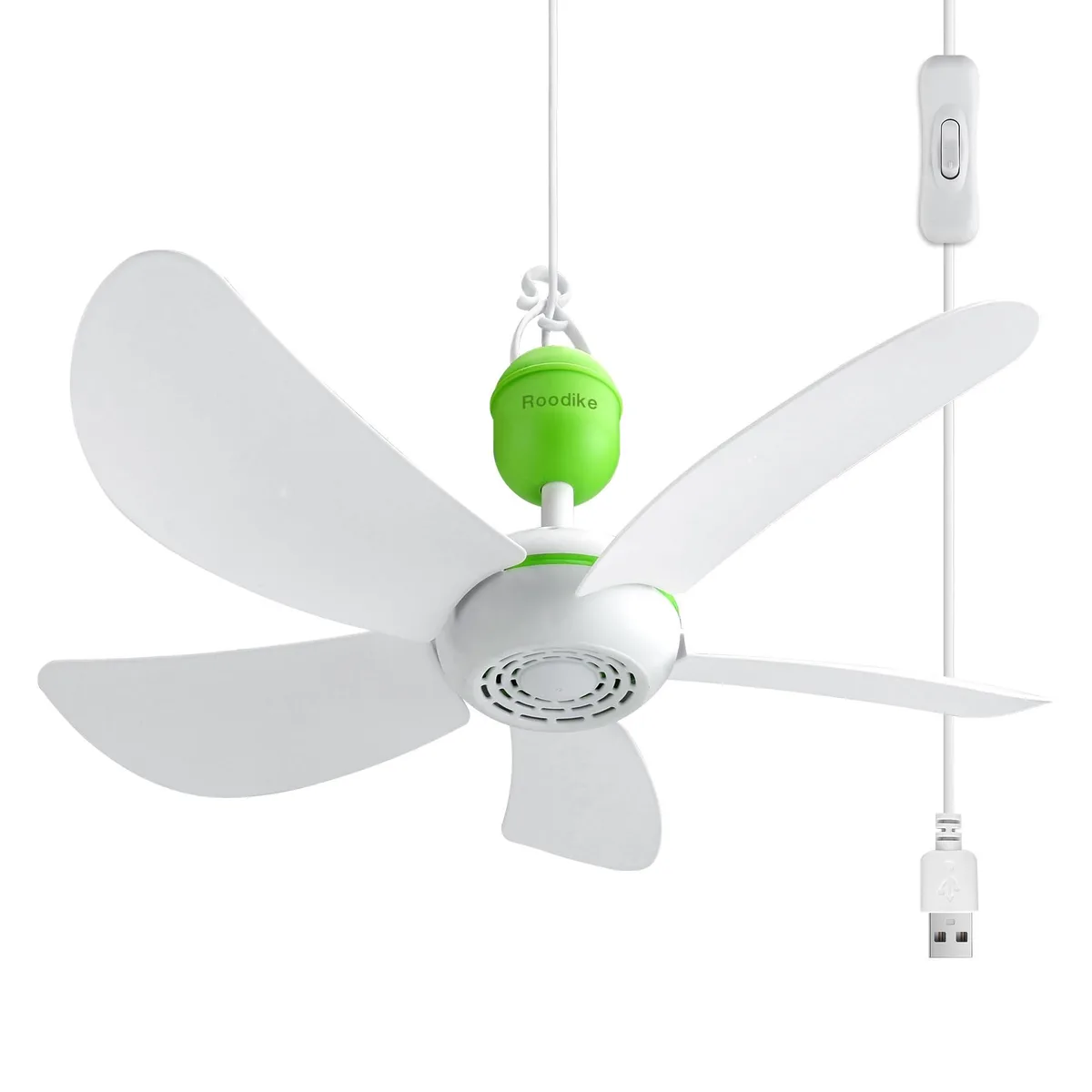 Small 17-inch USB ceiling fan with five blades, white finish, 13.2-foot cord and on/off button