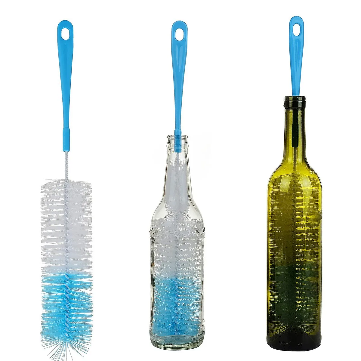 Three 16-inch bottle brushes with green red black handles and wide bristle heads
