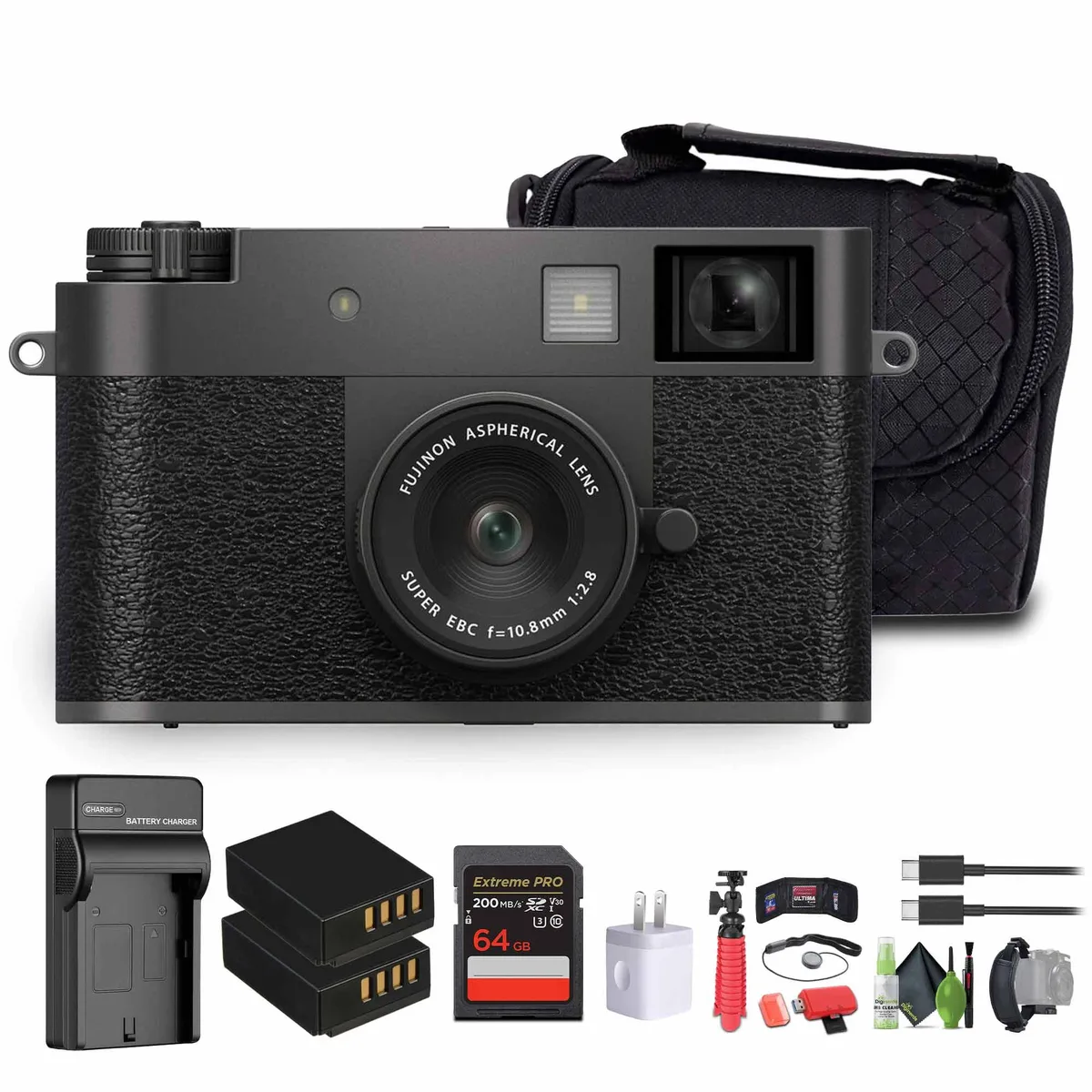 FUJIFILM FUJIFILM X half compact mirrorless camera Charcoal Silver bundle 64GB card reader case battery charger — product photo
