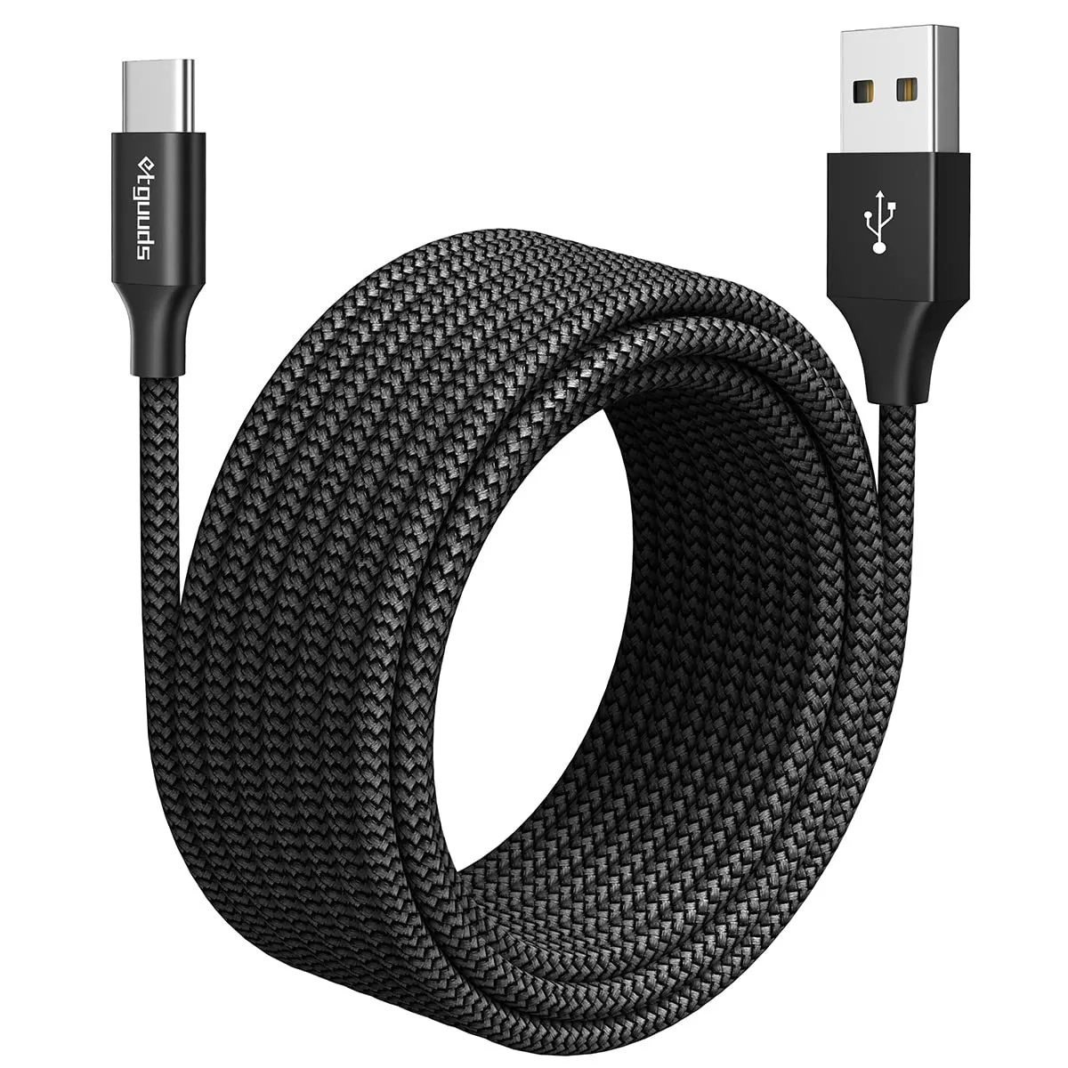 Orange braided USB-A to USB-C cable, 12ft long, male-to-male connectors