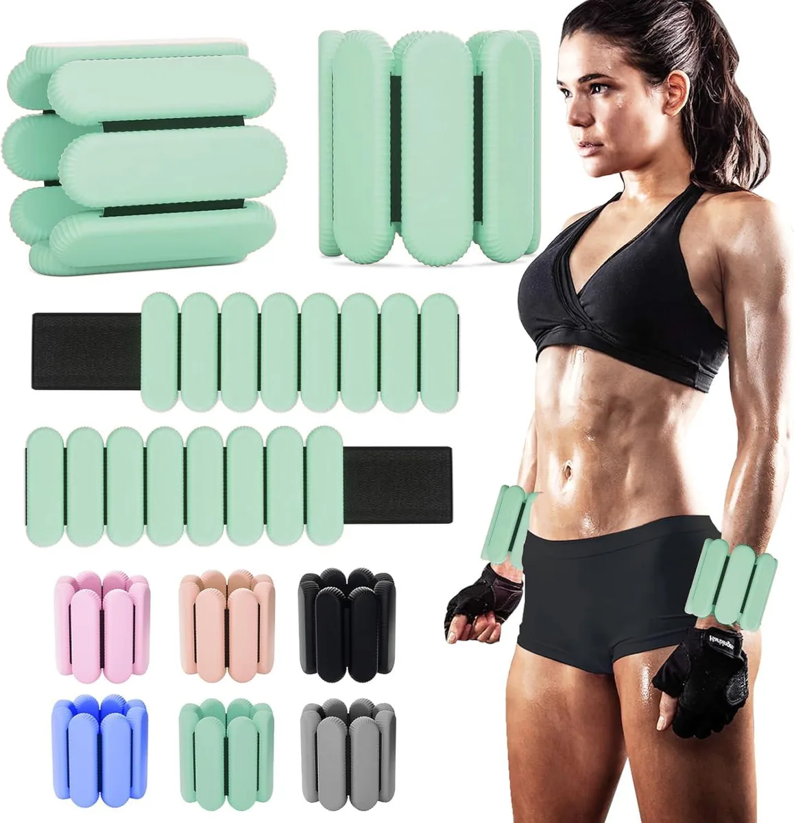A pair of black silicone wrist and ankle weights with adjustable velcro straps