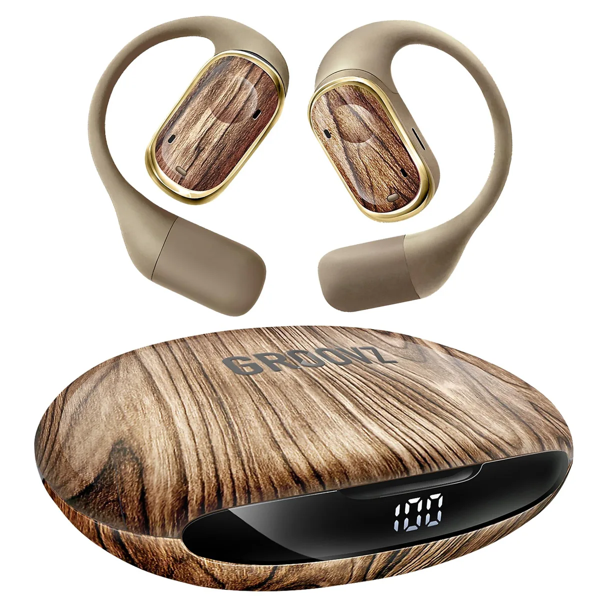  Groovz Go Open Ear True Wireless Earbuds Wood Grain 10h 42h Bluetooth 5.4 — product photo