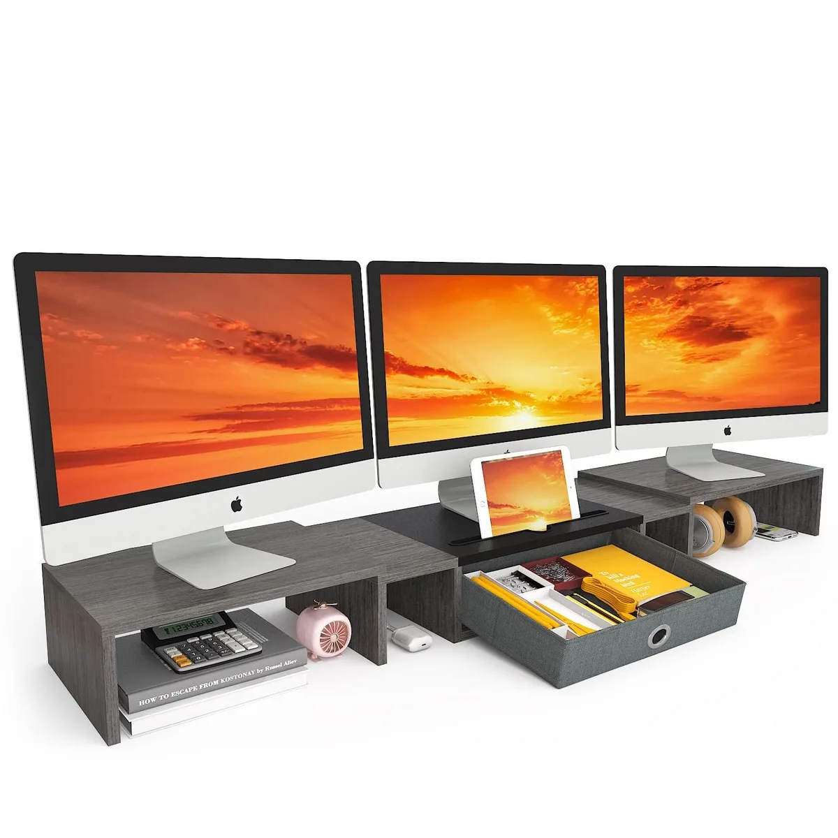 WESTREE WESTREE Triple Dual Monitor Stand Riser with Drawer 2 in 1 accessory — product photo