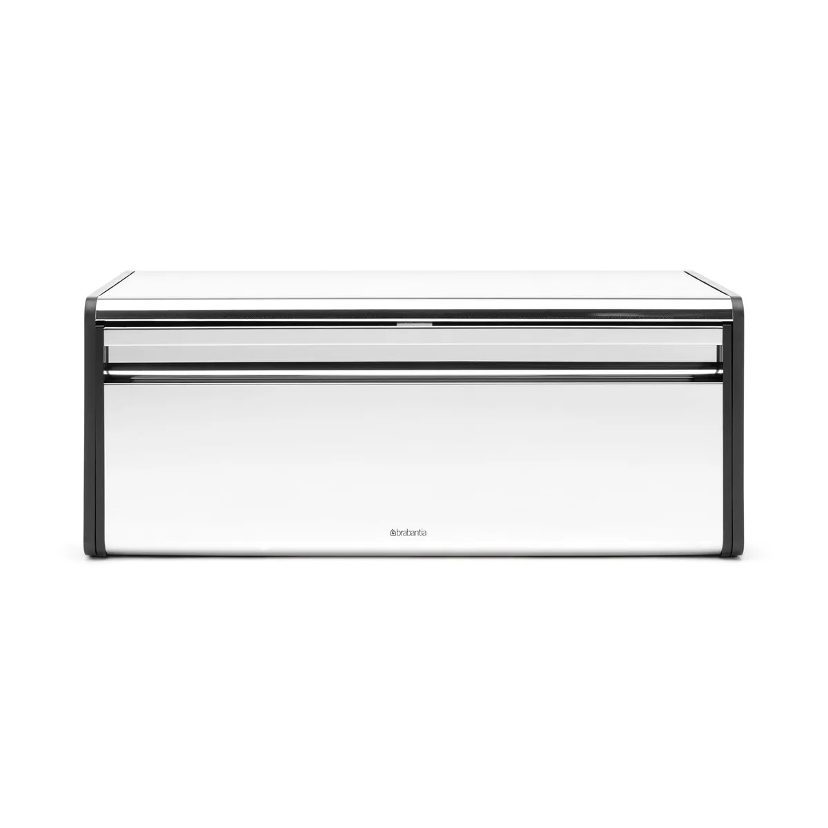 Red rectangular metal bread box with fall-front magnetic lid and flat top