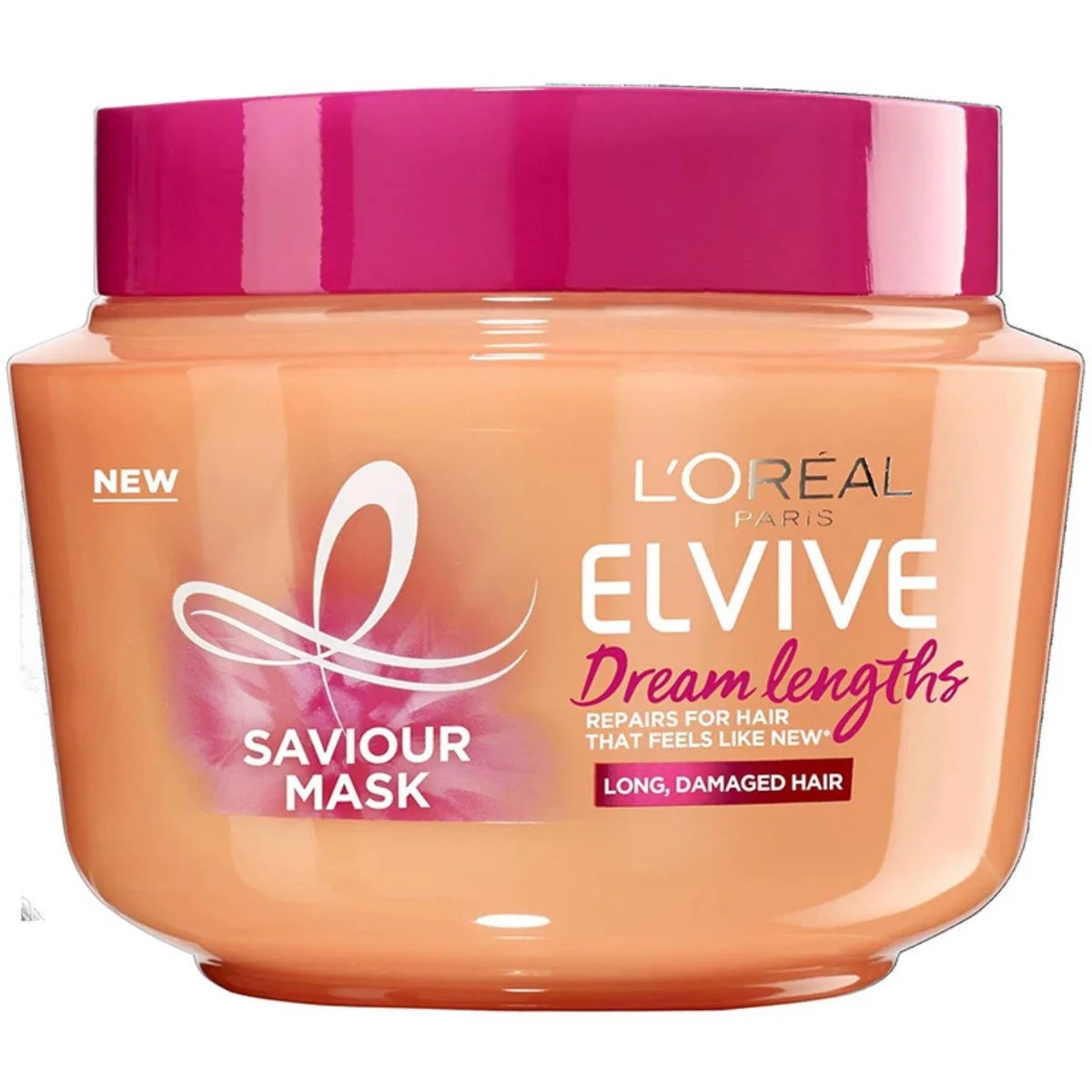 White plastic jar with black lid, L'Oreal Elvive Dream Lengths hair mask