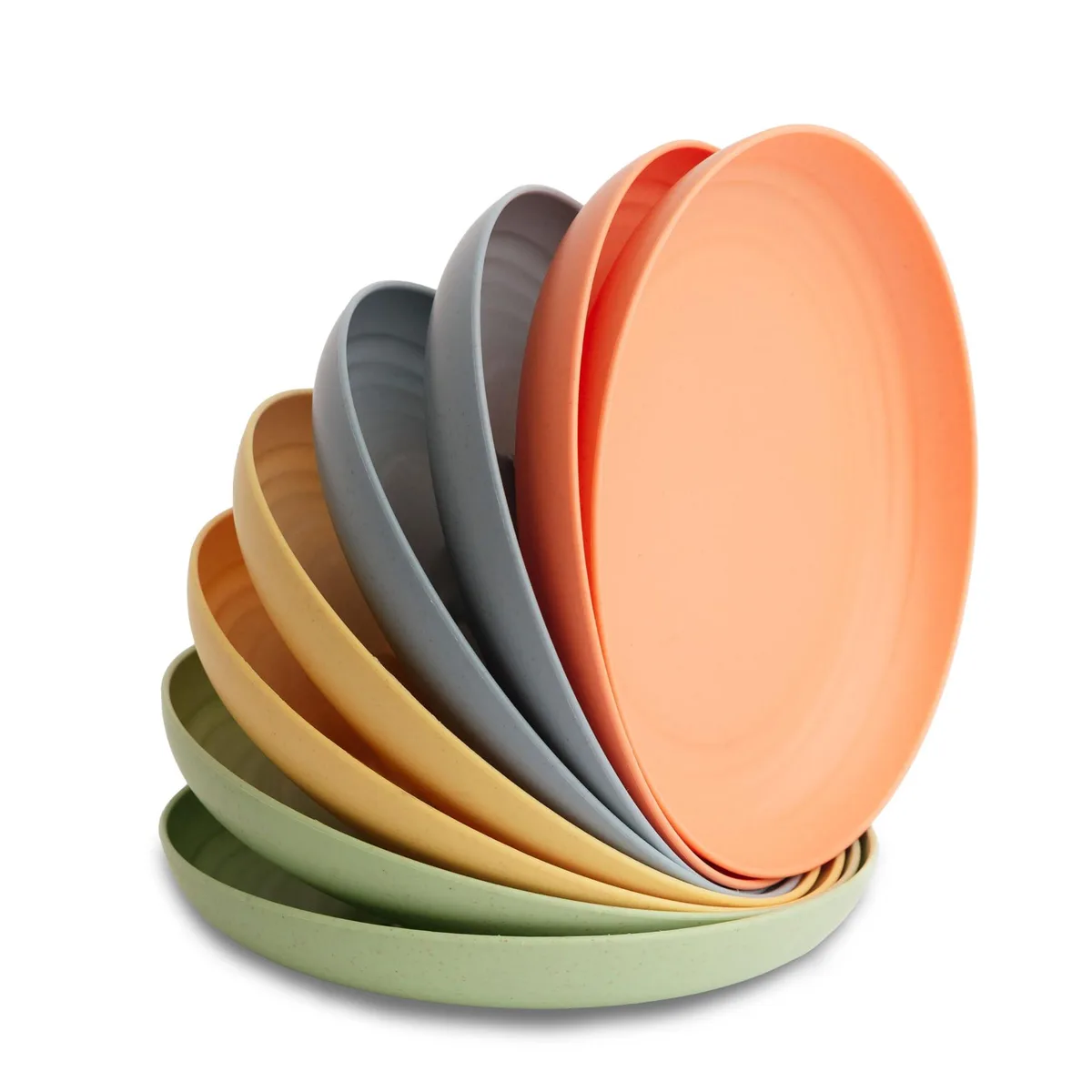 Four square white plates with a floral design, stackable and lightweight