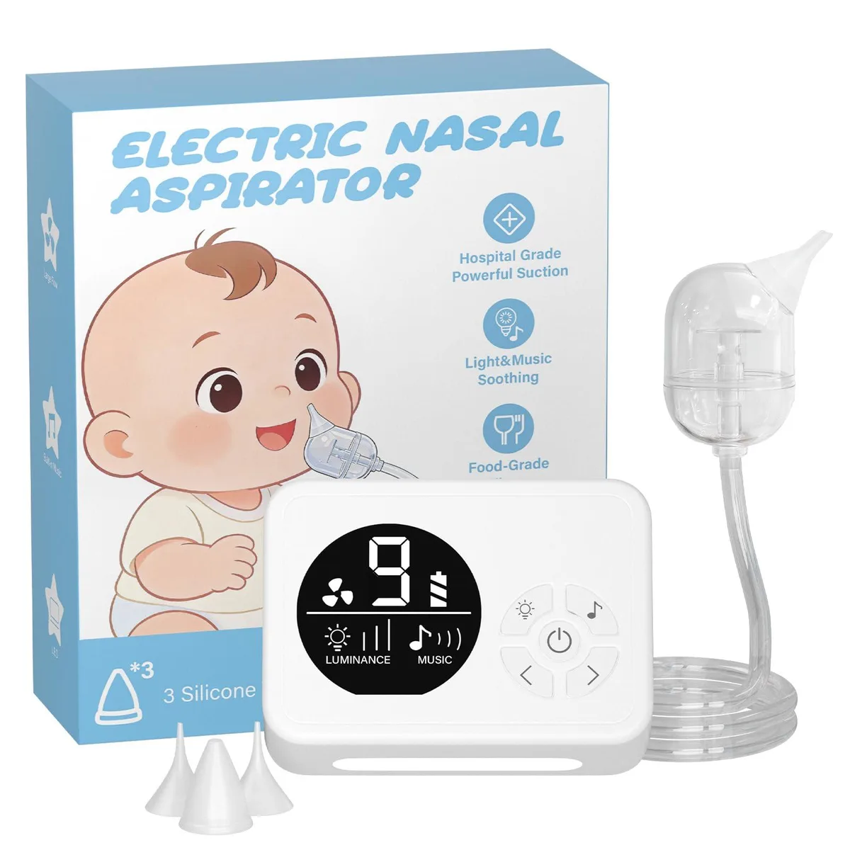 White electric nasal aspirator with silicone tips and display