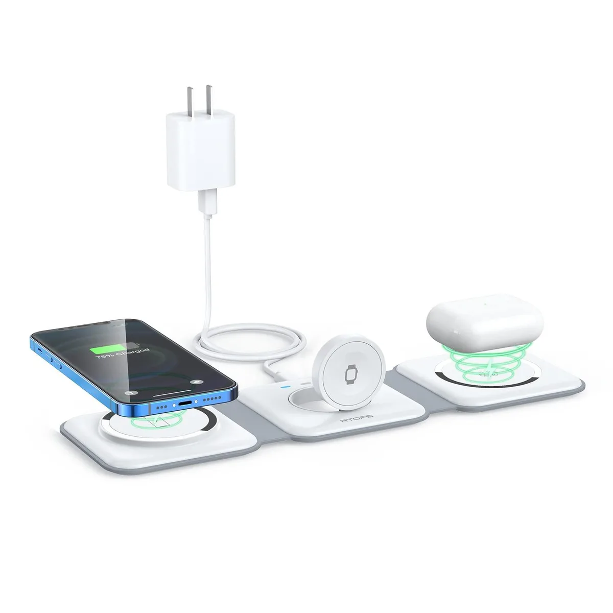 A flat rectangular charging pad with three magnetic zones and a foldable hinge, matte white finish