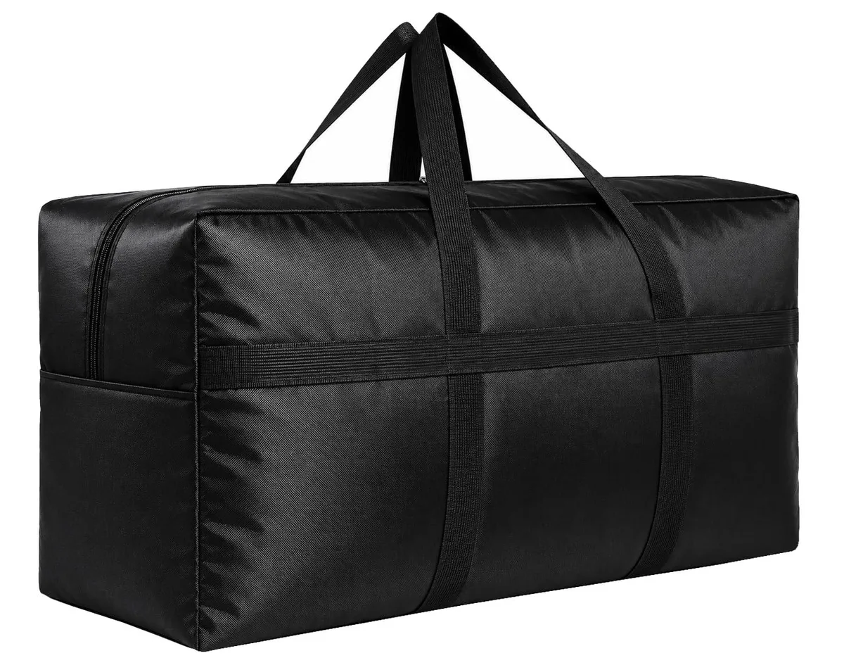 Large black duffle bag made of 1680D nylon fabric, 130L capacity, flat-folding design