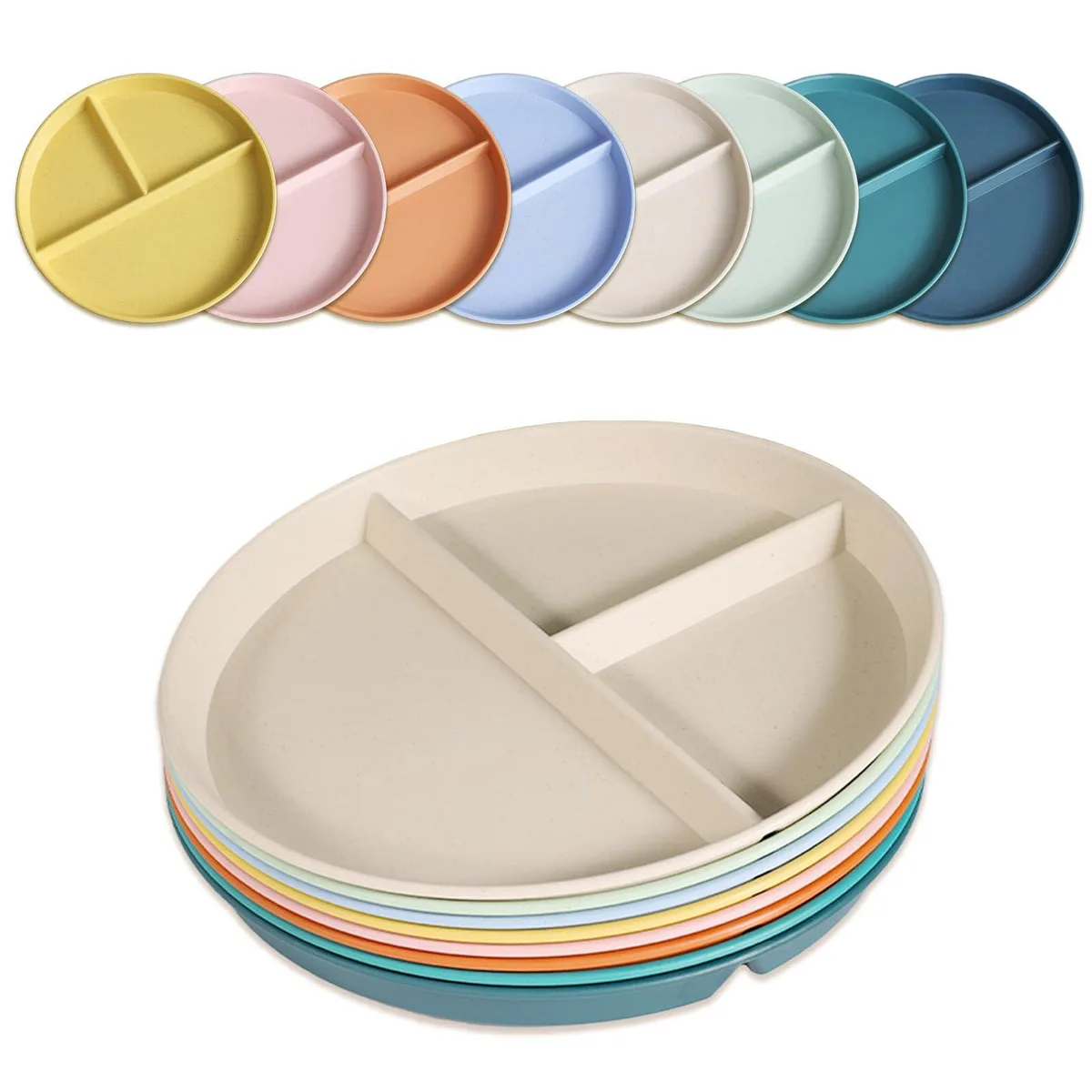 Eight white rectangular plastic plates with three compartments each