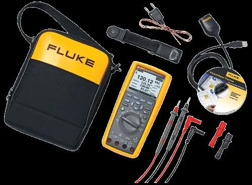 Yellow digital multimeter with large LCD screen and red black test leads