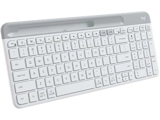 Slim white compact Bluetooth keyboard with low-profile keys and a device cradle