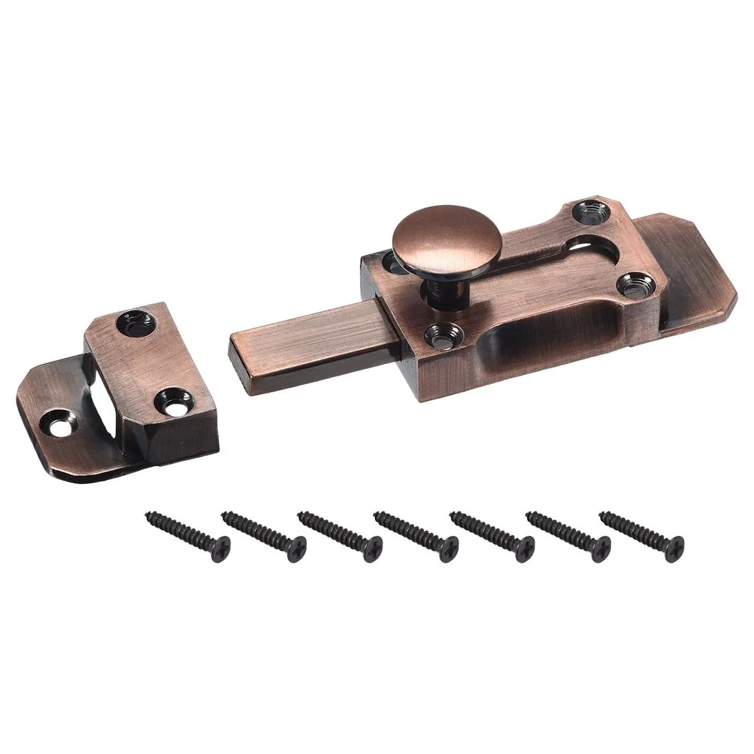 Small rectangular barrel slide bolt in red bronze zinc alloy with matching strike plate and screws