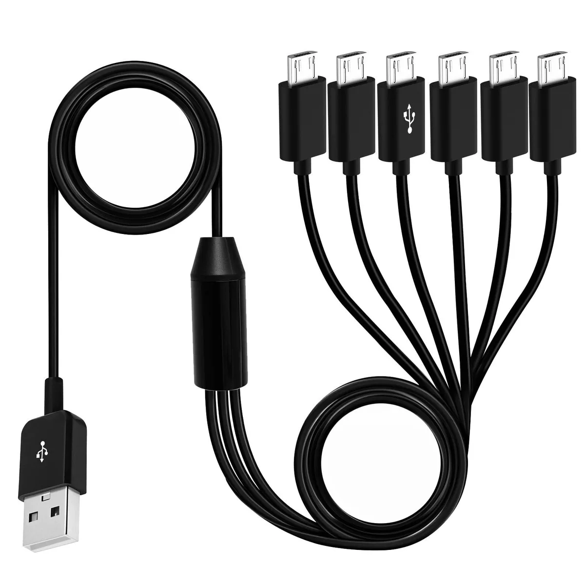 Black USB-A plug splitting into six short Micro-USB tails, 1.64 ft overall length