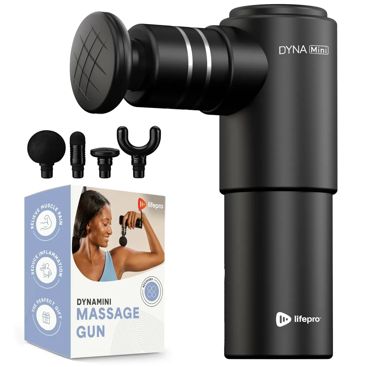 Compact black massage gun with USB-C port and four interchangeable heads in a carry case