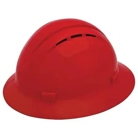 Red full-brim hard hat with pinlock suspension and venting