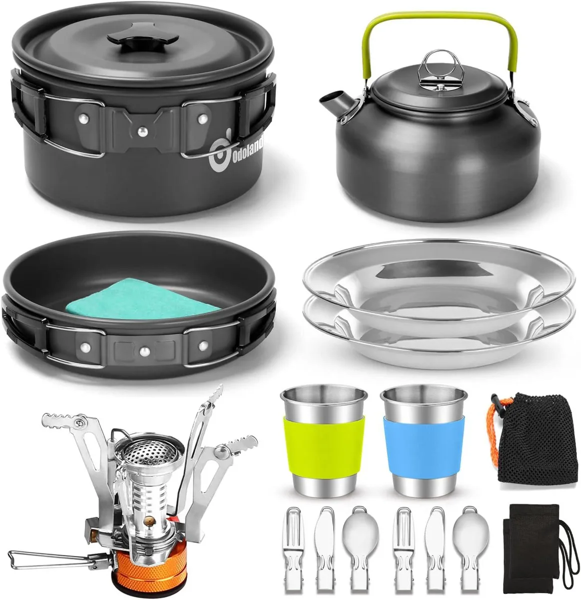 16-piece camping cookware set with folding stove, pots, kettle, stainless cutlery and cloth