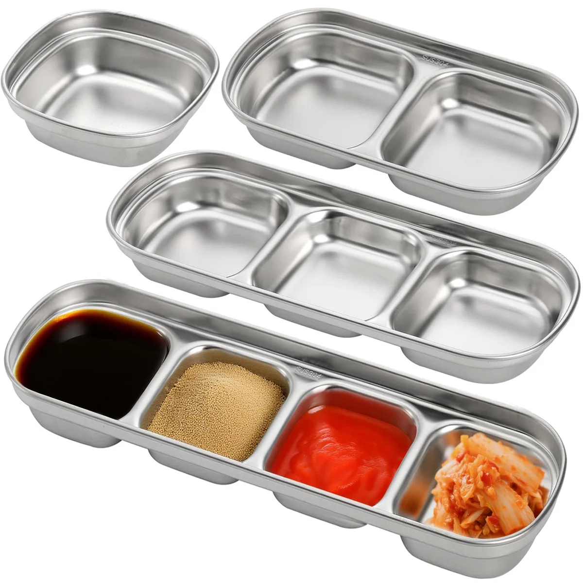 Four stainless steel sauce dishes with one to four compartments, brown and red finish
