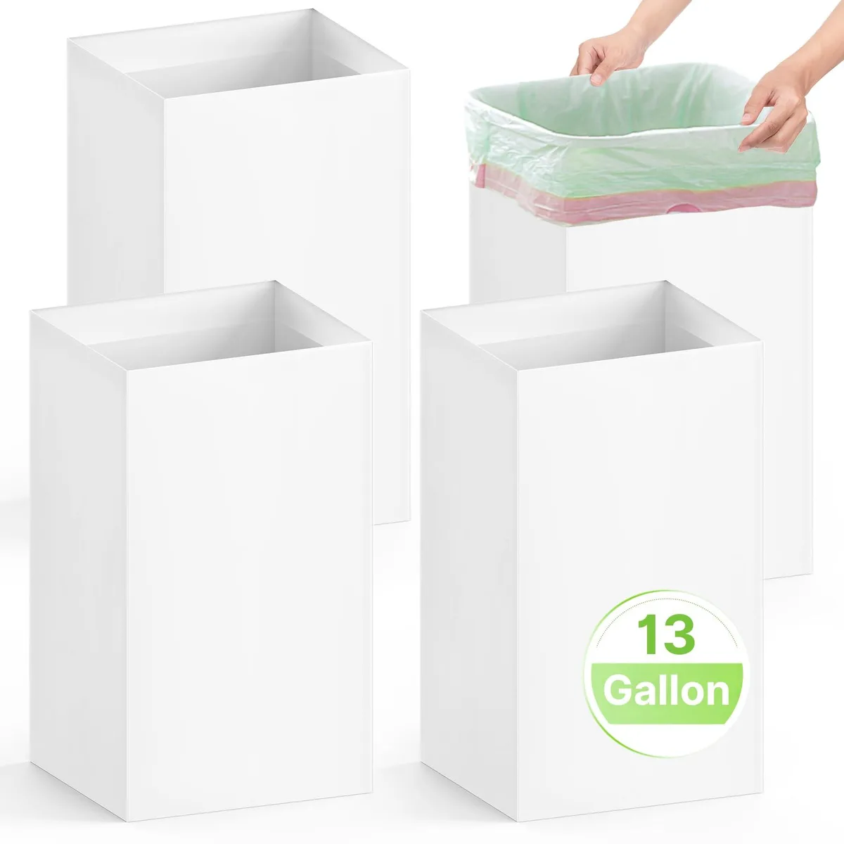 Three white rectangular cardboard bins folded flat, 13 gallon capacity