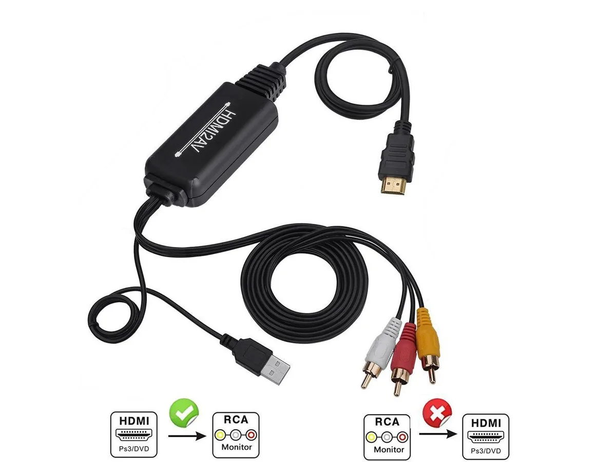 Black HDMI-to-RCA converter cable with gold plugs, 6.5 ft length