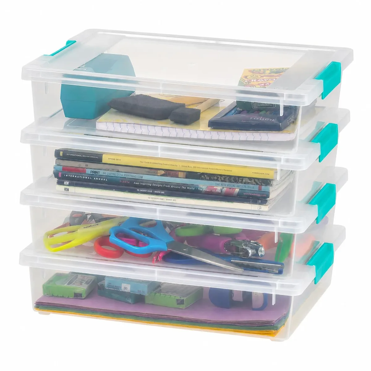 Four clear rectangular bins with seafoam blue buckle lids, stacked together