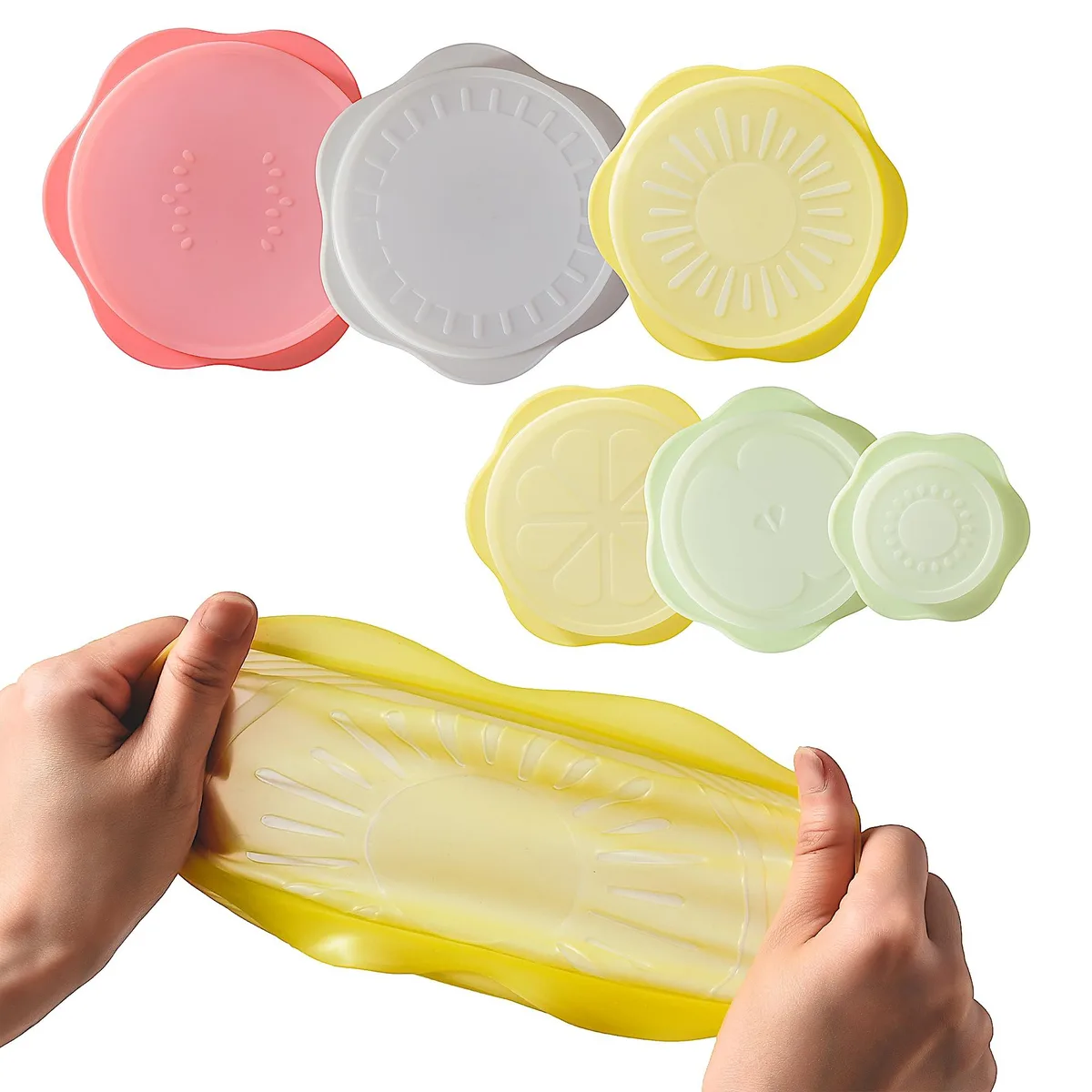 Six colourful round silicone lids stacked together, flexible and stretchable, new condition