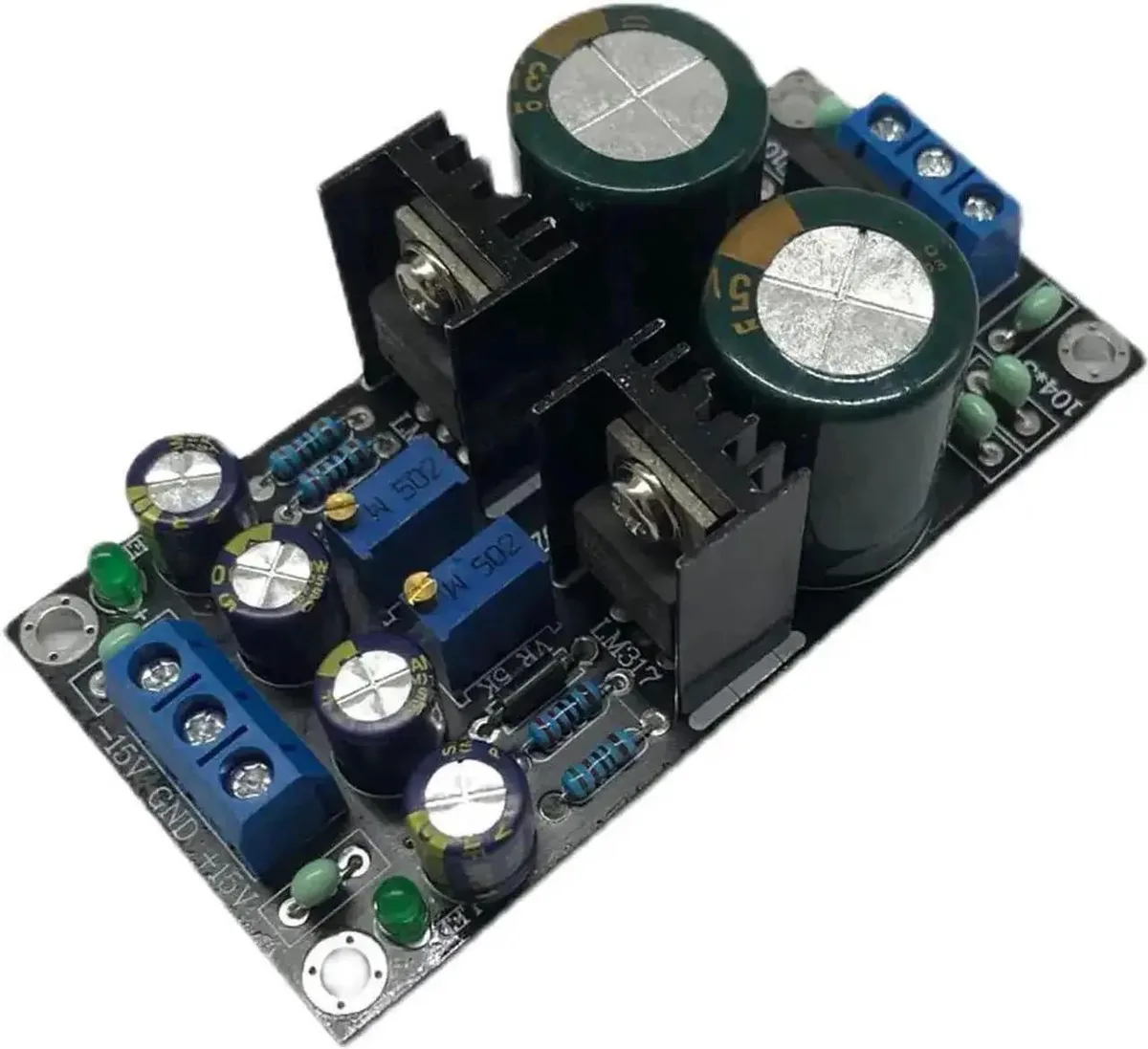 Small green circuit board with adjustable voltage regulator components