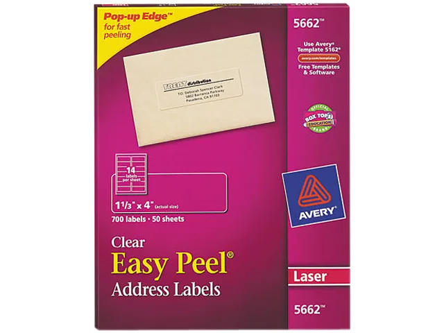 Avery Avery 5662 Matte Clear Address Labels 1-1/3" x 4" 700 Labels mailing supply — product photo
