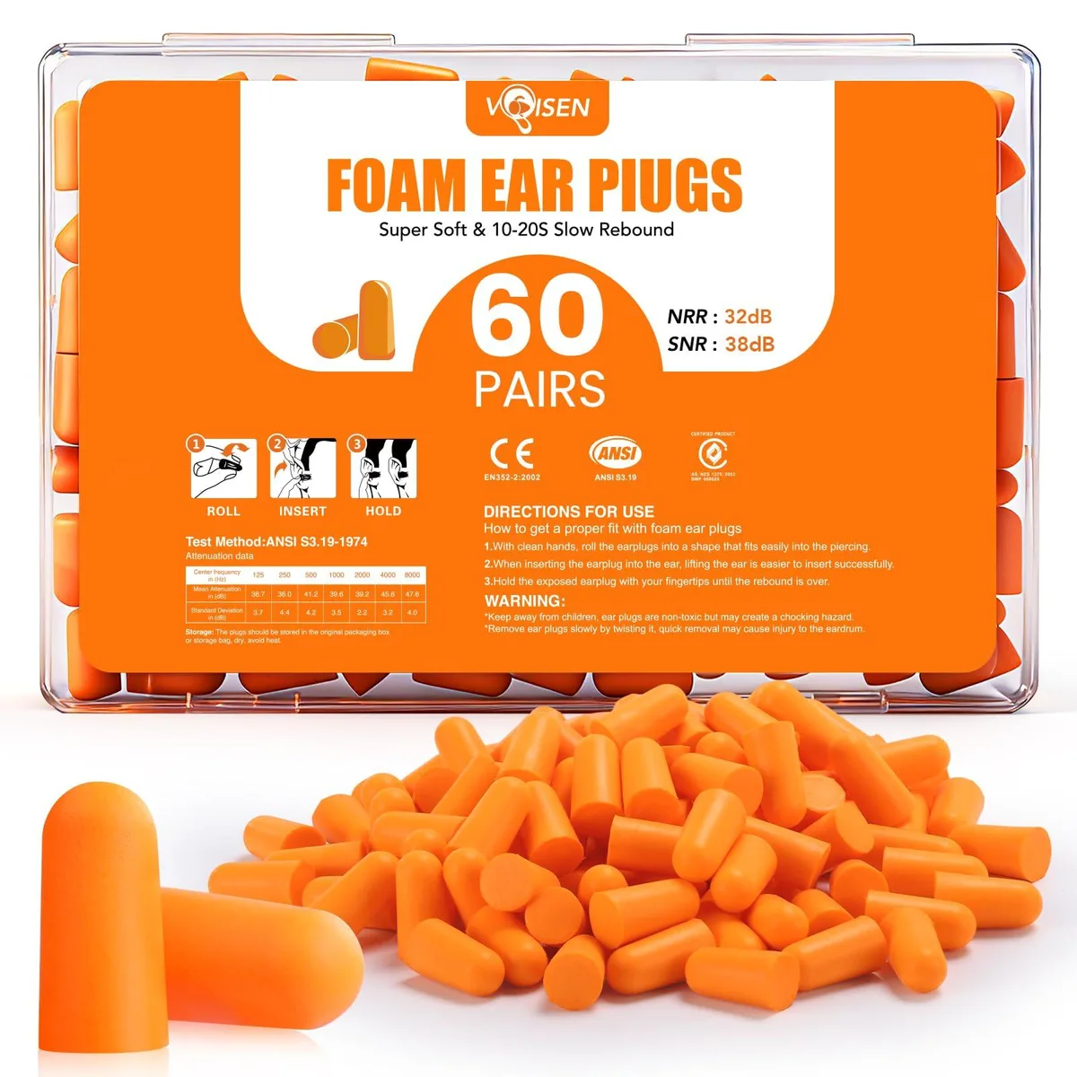  VOISEN Orange 60Pairs Foam Ear Plugs 120 pcs 32dB NRR 38dB SNR — product photo