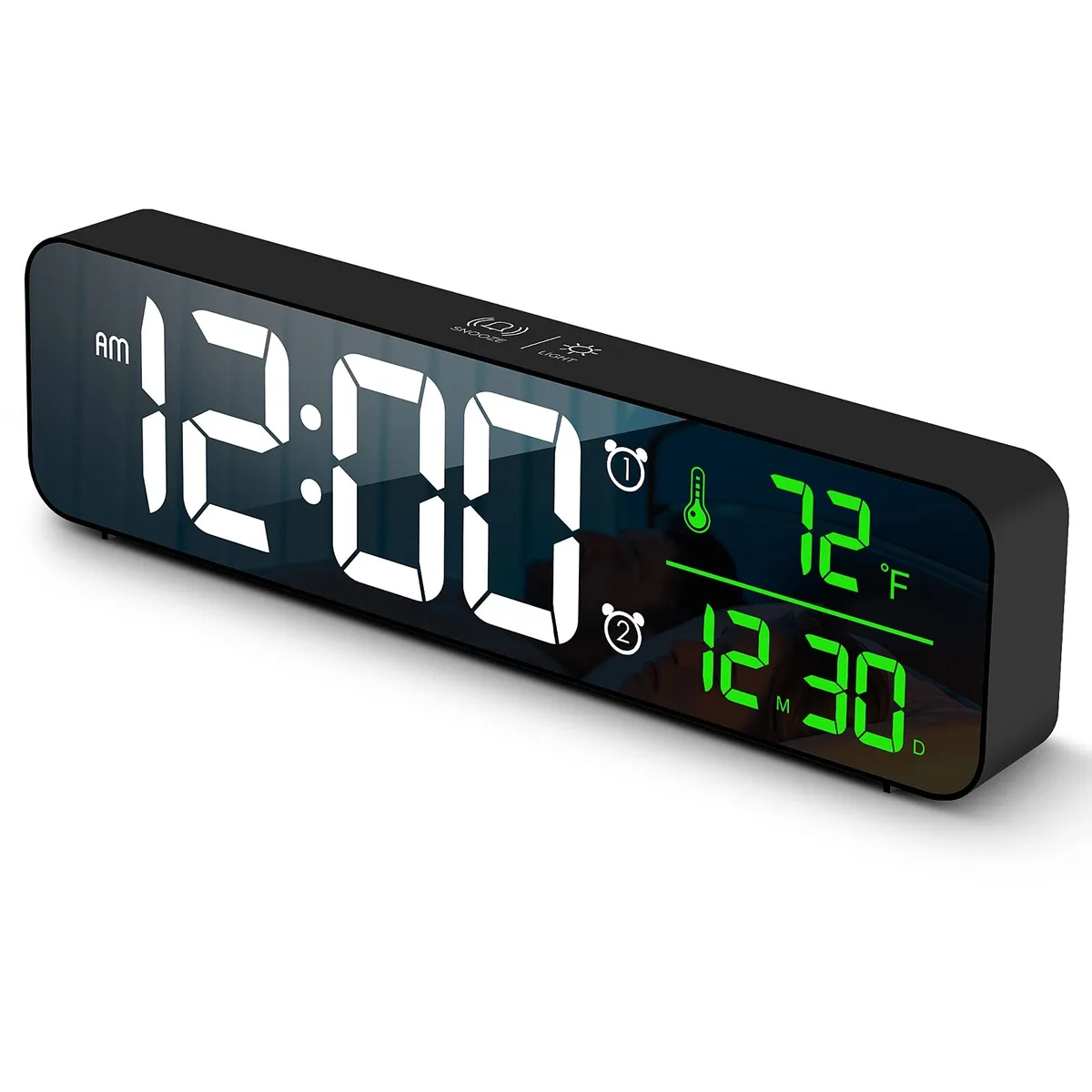Rectangular black digital clock 10.4 in wide with large LED display showing time date temperature