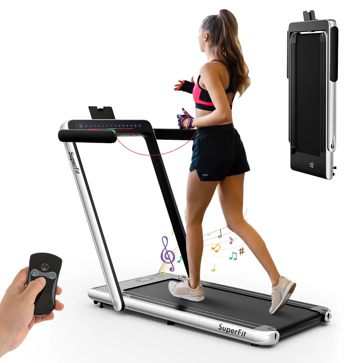 Folding treadmill with dual LED display and side handrails