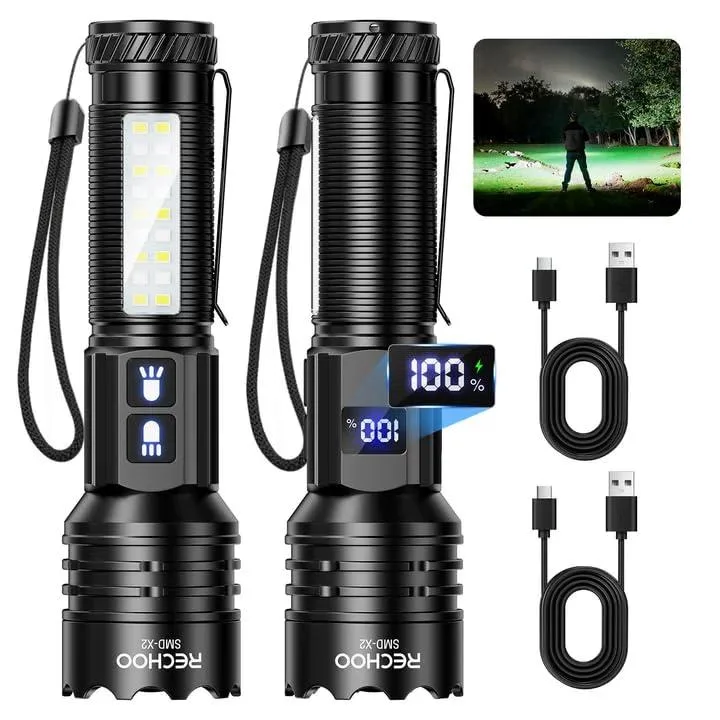 Two cylindrical aluminum flashlights with USB-C ports and LCD screens, matte finish, lanyards attached